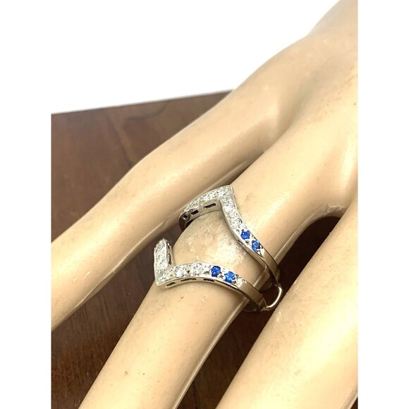 Engagement Ring Guard 14k White Gold Diamond Blue Gemstone Wedding Band Size 5.5 - Picture 14 of 15